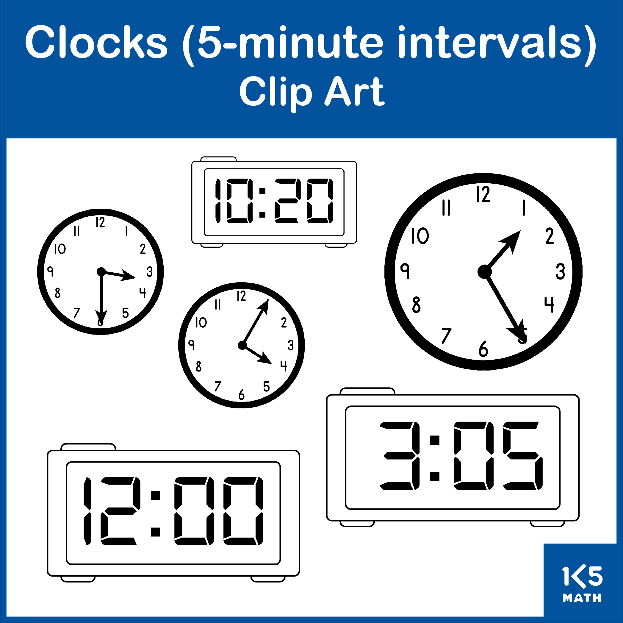 Clocks Clip Art - 5 minute intervals