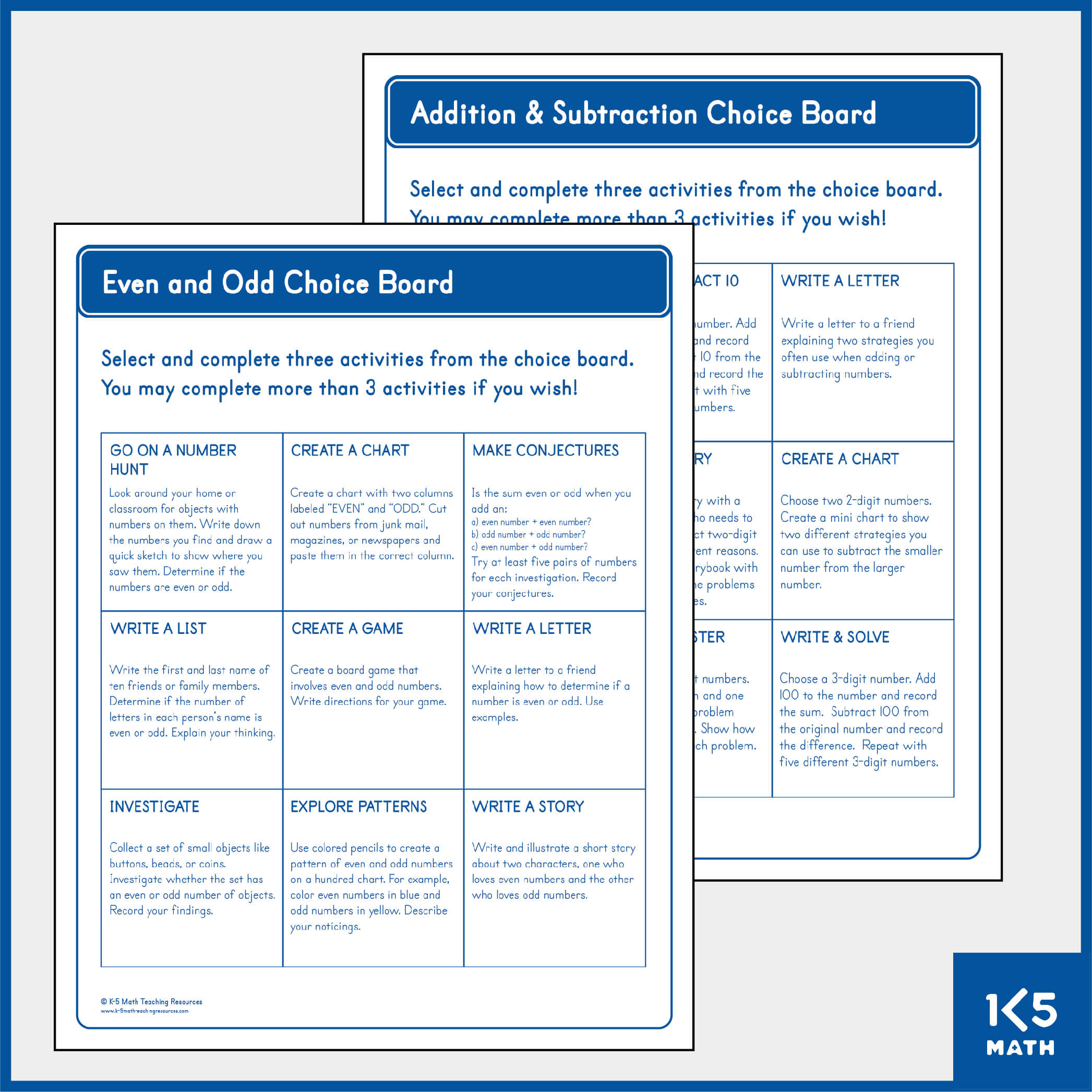 Math Choice Boards for K-2